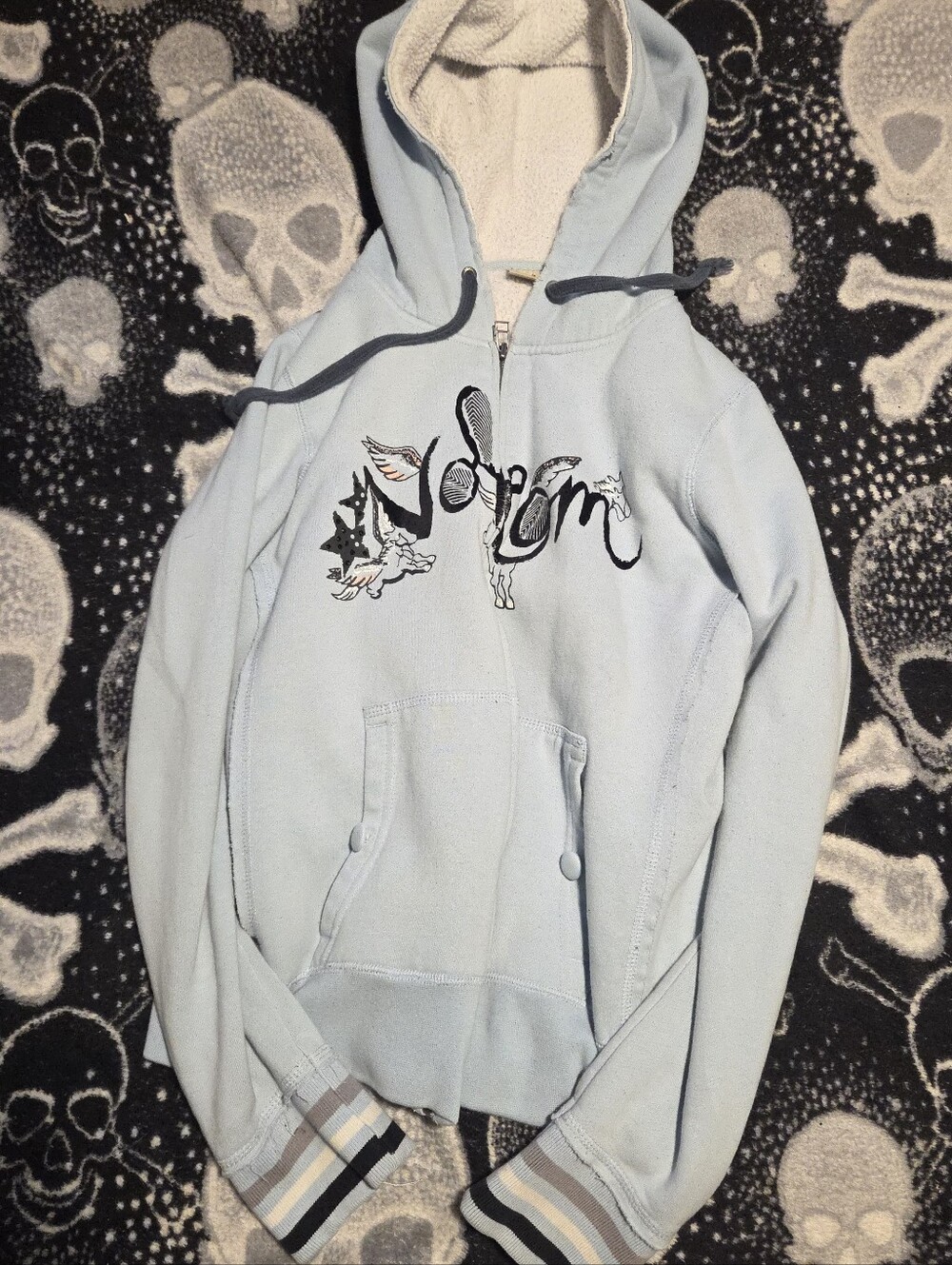 Light Blue Volcom y2k Women's Hooded Zip Sweatshirt with Graphic